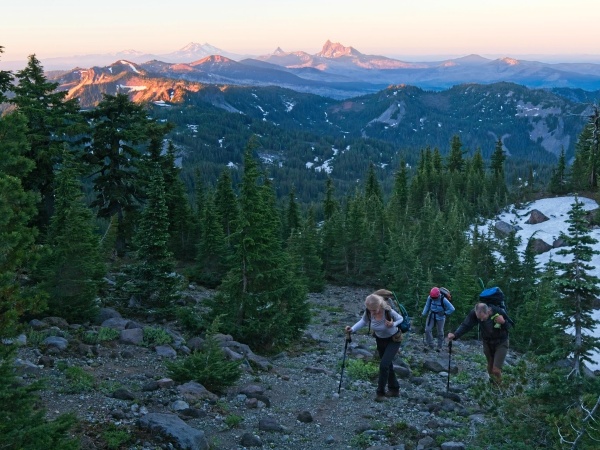 Dagmar, Andrew, and Linda on the way up a tedious, loose slope mount jefferson