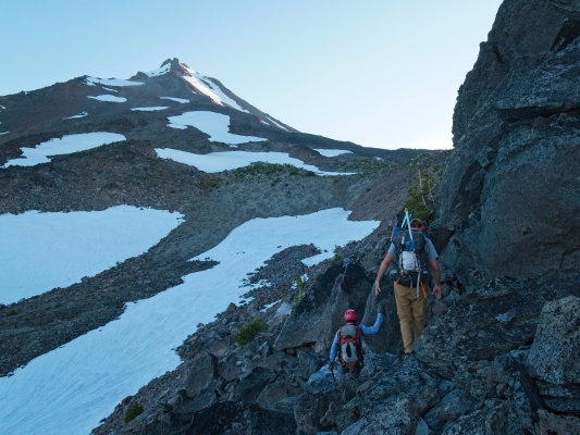 We stick to the ridgetop to avoid the loose slopes, but it's still challenging work mount jefferson