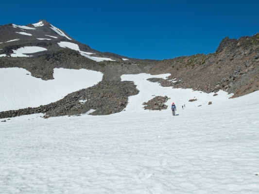 We follow the snow down - it's easier than rock hopping mount jefferson