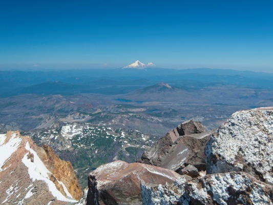 Looking north at Mount Saint Helens, Mount Hood, and Mount Adams from the summit of Mount Jefferson mount jefferson