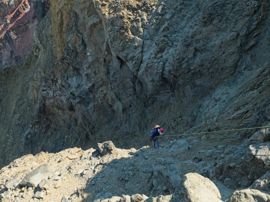 Linda rappels down to the lower bowling alley north sister rappel