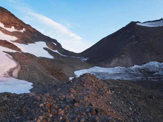 We near the end of the moraine, but there's plenty of loose, rocky slopes ahead glacial terrain