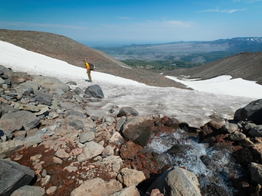 One more snowfield to walk down en route to camp glacial terrain