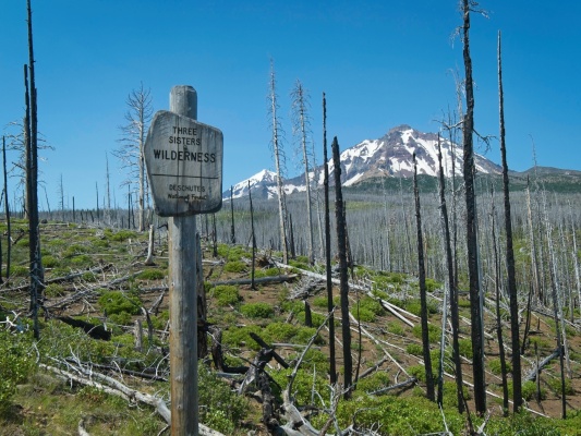 The 2012 Pole Creek fire scar provides a clear view of North Sister and South Sister three sisters wilderness