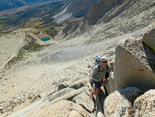 We enjoy some 5th class scrambling up the slabs and cracks to reach the top of the ridge mount humphreys
