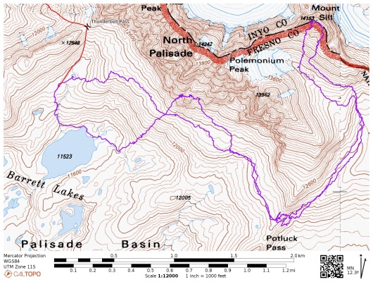 A detailed view of our route to Mount Sill and partway up North Palisade mount sill map