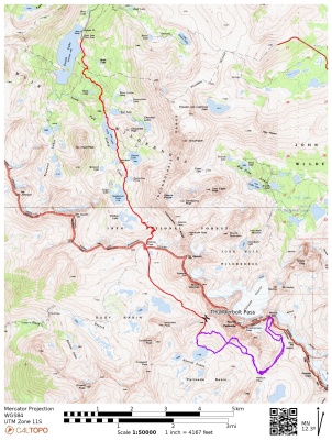 A map of our route to our campsite (red) and our route to Mount Sill (purple) mount sill map