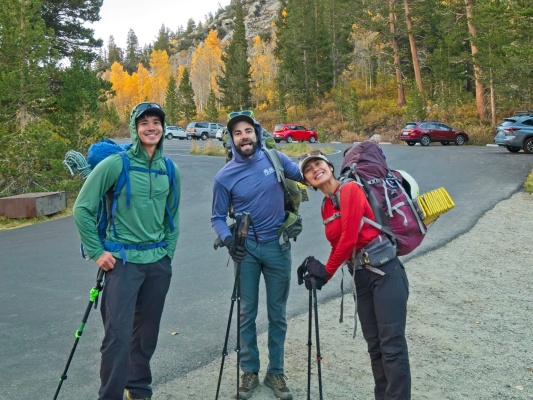 Josh, Alex, and Kim pose for a pre-hike photo south lake trailhead