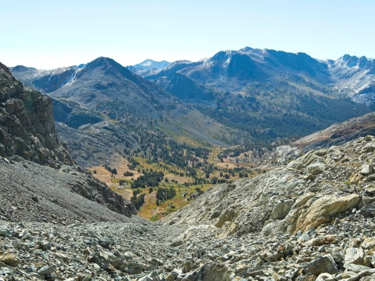 Looking down from the gully, we've made quite a bit of progress up Twin Peaks twin peaks gully view