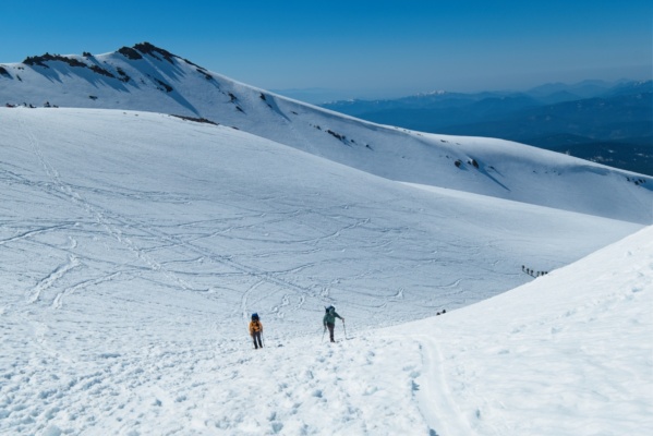 Jack and Josh working their way up Avalanche Gulch between Horse Camp and Helen Lake mount shasta avalanche gulch