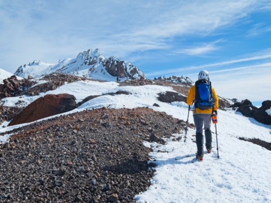 Jack hikes over the top of Misery Hill; the summit is now in sight! mount shasta mountaineering