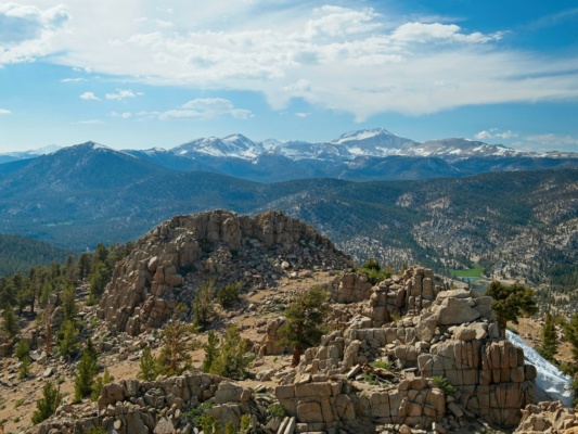 The summit of Muah Mountain, with snow-covered Cirque Peak and Mount Langley in the distance cirque peak mount langley