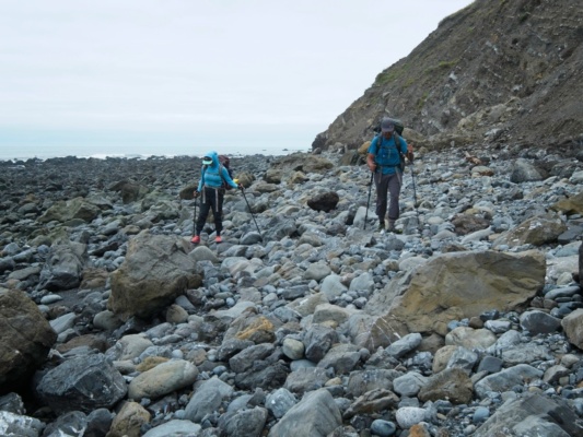 Hiking through the loose stones proves tedious, but not any worse than soft sand lost coast trail