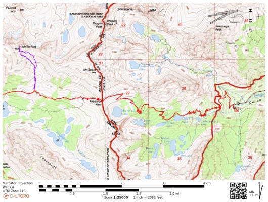 Route over Kearsarge Pass and up to Mt Rixford kearsarge topo map