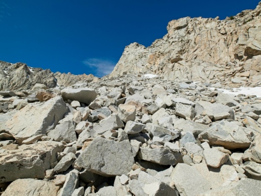A moderately loose talus slope leading to West Vidette talus slope