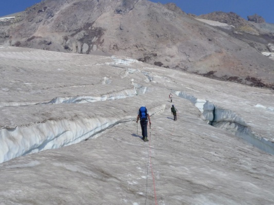 We try to find a way through the maze of crevasses. Photo credit: Craig B. cool glacier