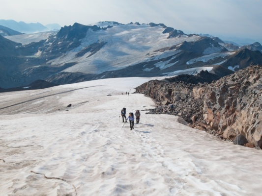 Once the path gets rocky and tedious we drop down onto the Suiattle Glacier glacier peak