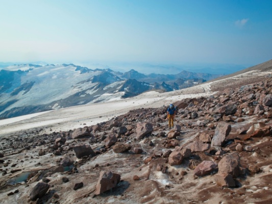 Craig B. navigates through the rockfall suiattle glacier