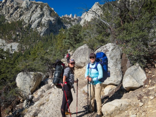 Margaret and Kenza with the Whitney Pinnacles in the background mount whitney trail