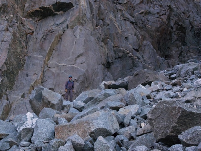 Josh makes his way into Southwest Chute #1 palisade traverse