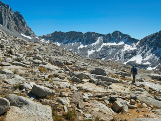 We trek up toward Thunderbolt Col (upper left) dusy basin