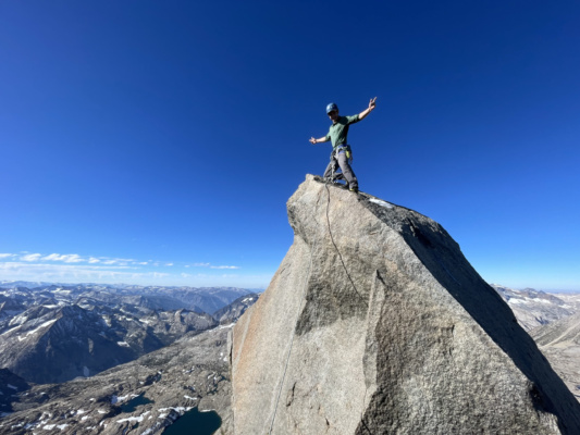 Josh atop Thunderbolt Peak palisade traverse
