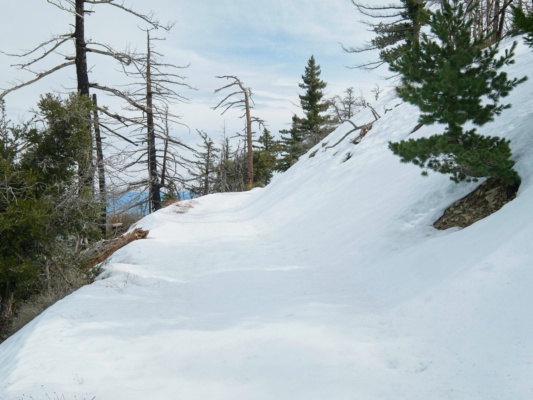On the way down, I trudge through wet snow on the road snowy road
