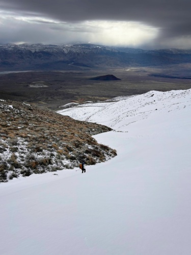 Fuller Creek, with dry brush on the south aspects and snow on the north aspects; photo credit: Maddie birch mountain