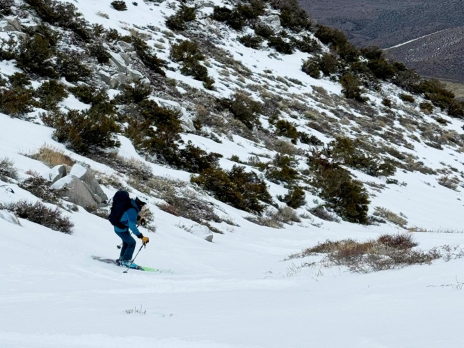 We're determined to ski as far as we can, so head down the Fuller Creek canyon birch mountain