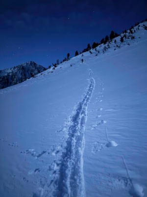We skin through fresh powder on the southeast face of Birch Mountain birch mountain