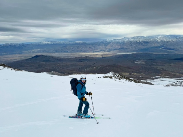 Maddie and the dramatically lit Owen's Valley birch mountain