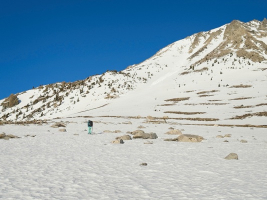 Looking up at the mountain - the snow is getting thin up here! birch mountain ski mountaineering