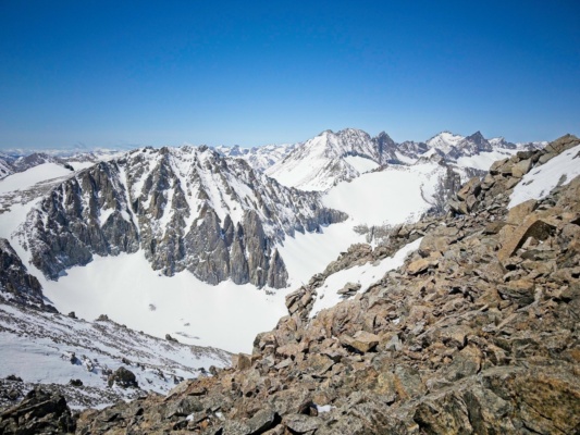 Middle Palisade, Mount Normal Clyde, North Palisade, and Mount Sill, among other peaks, looking north from Birch Mountain birch mountain ski mountaineering