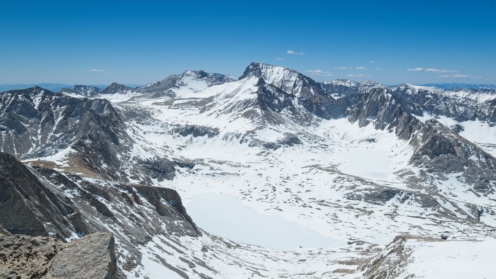 Mount Whitney and several large, frozen lakes mount whitney