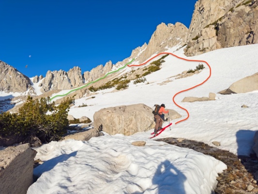 A rough representation of our path to the couloir (red) and descent (green) ski tour