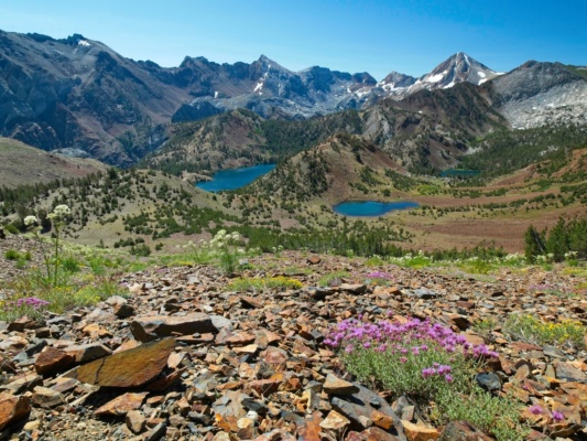 Lake Genevieve, Edith Lake, and Cloverleaf Lake from the slopes of Bloody Mountain lake basin