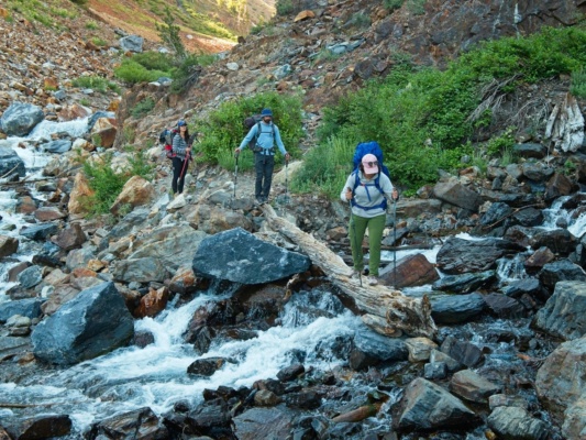 Kenza, Jesse, and Margaret crossing a side creek on a log creek crossing