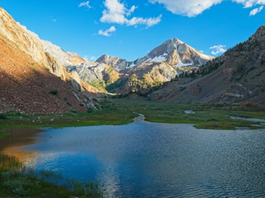 Mildred lake, a lush upper canyon, and Red Slate Mountain mildred lake