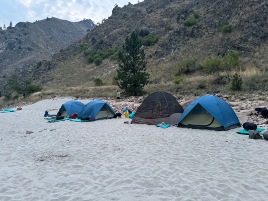 Dark clouds have been drifting overhead this evening, so we set up tents with rain flys just in case main salmon river rafting