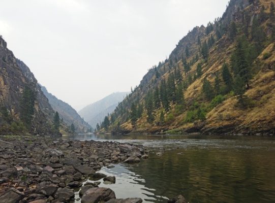 A smoky morning view from the Flat Rock campsite main salmon river rafting