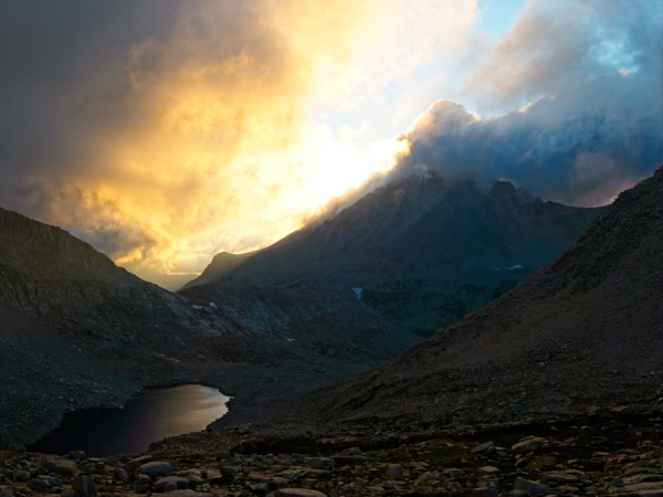 A dramatic display of clouds and sunlight over Jumble Lake cloud drama