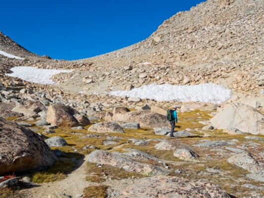 There are still a few snowfields up at 12000 feet lamarck col trail
