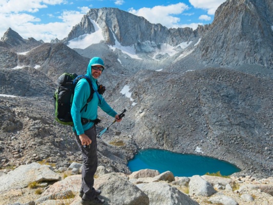 Craig's sun shirt is almost the exact same color as the glacial lake below Mount Darwin mount darwin