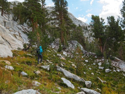 Craig and I hike along grassy, forested benches toward The Hermit the hermit