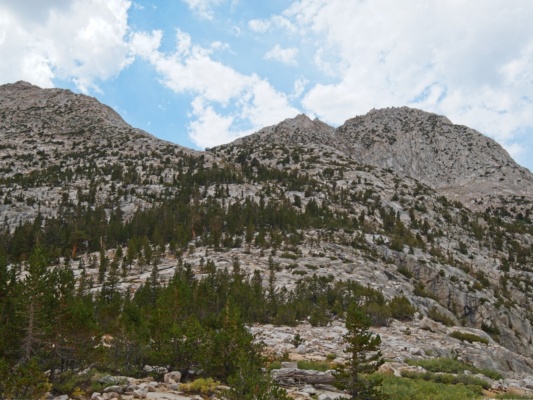 Looking up at The Hermit (right-most peak) from the meadow the hermit