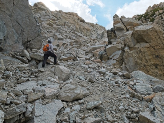Kurt looks for stable footing in the extremely loose gully the hermit