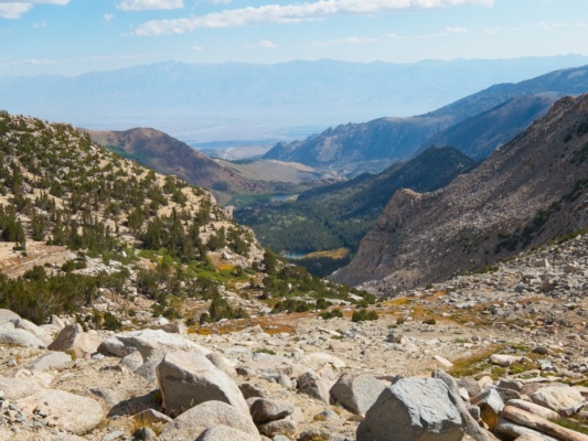 A view of Grass Lake and North Lake from the Lamarck Col trail north lake