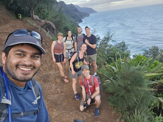 CK takes a selfie with the group: Erica, Kenza, Brian, Luke, Diane, and me kalalau trail