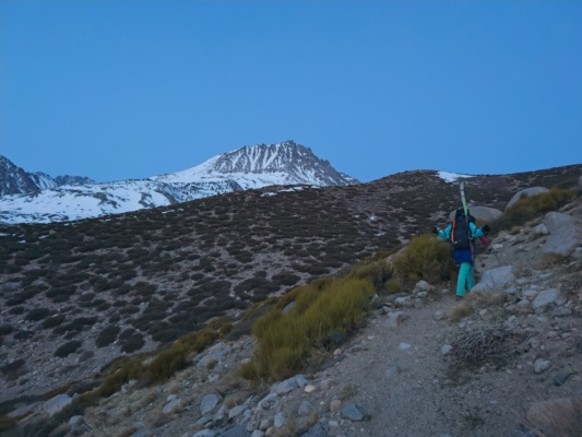 We start by hiking up the summer trail - Birch Mountain looking very skiable in the background! kid mountain ski tour