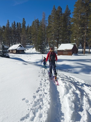 Maddie and Collin lead the way cross-country, following an established skin track red cone